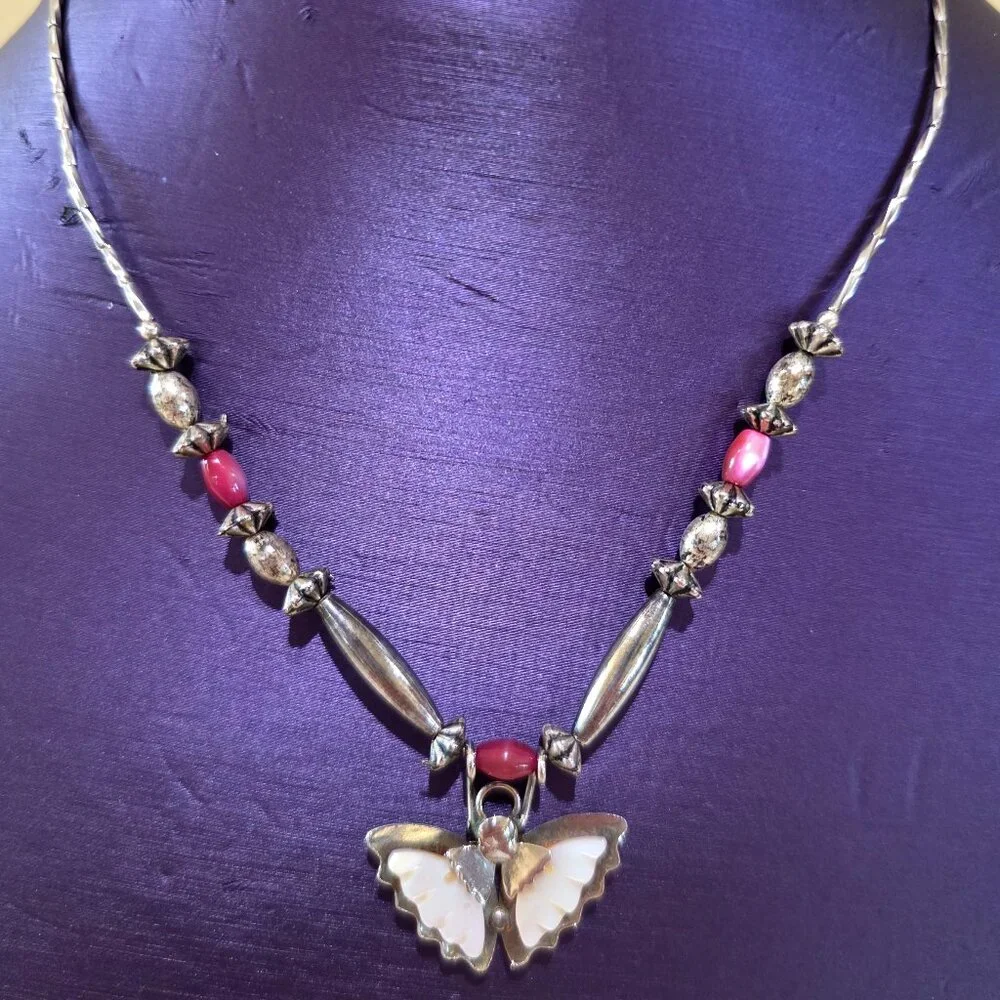 1980's Soutwestern Handmade MOP Butterfly Pendant Pink Silver Beaded Necklace